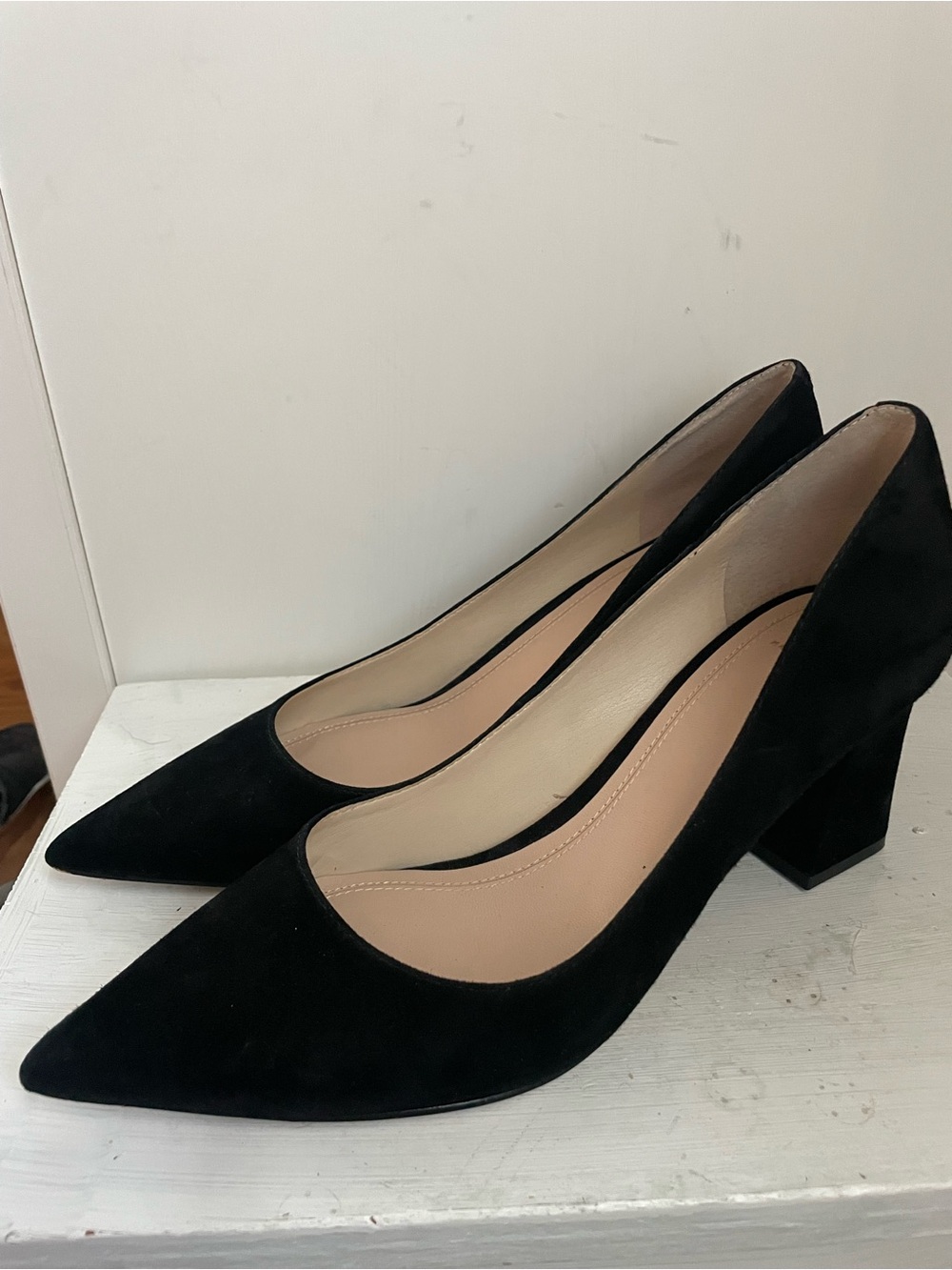 Marc Fisher Classic Black Suede Pointed Toe Block Heel Pumps
